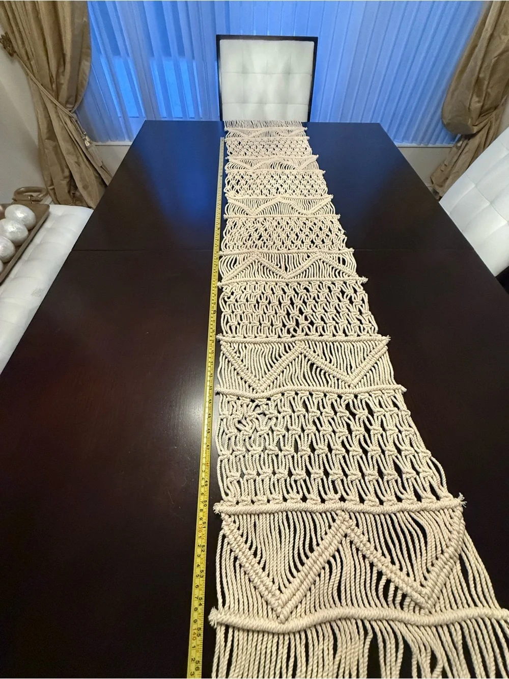 Handwoven Macramé Table Runner Boho Fringe Cotton Linen Natural Cream Rope Spain